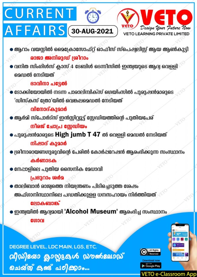 Current Affairs for kerala psc preliminary and main exams ldc, degree level exam
